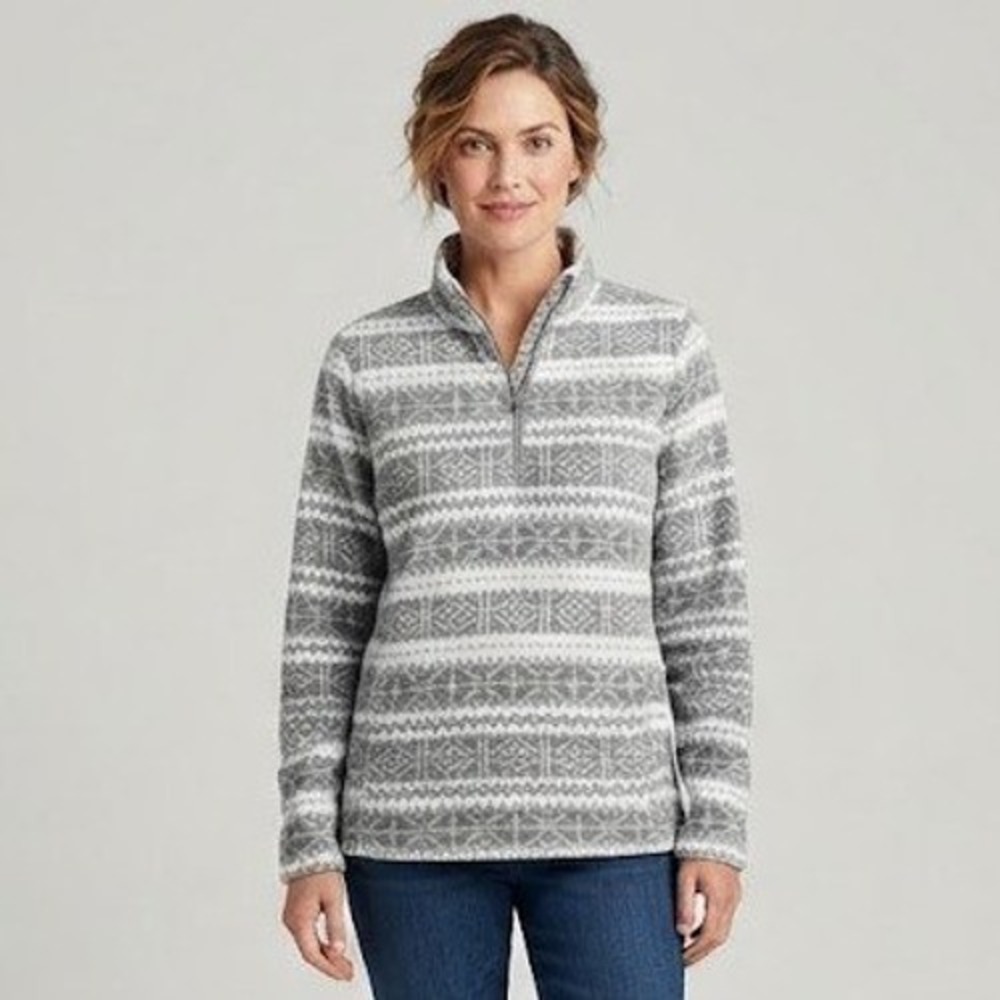 Lands End Fleece Pullover Women M 10-12 Gray Fair Isle Quarter Zip Excellent